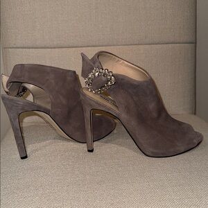 Karl Lagerfeld Taupe Suede Heels with Rhinestone Accent